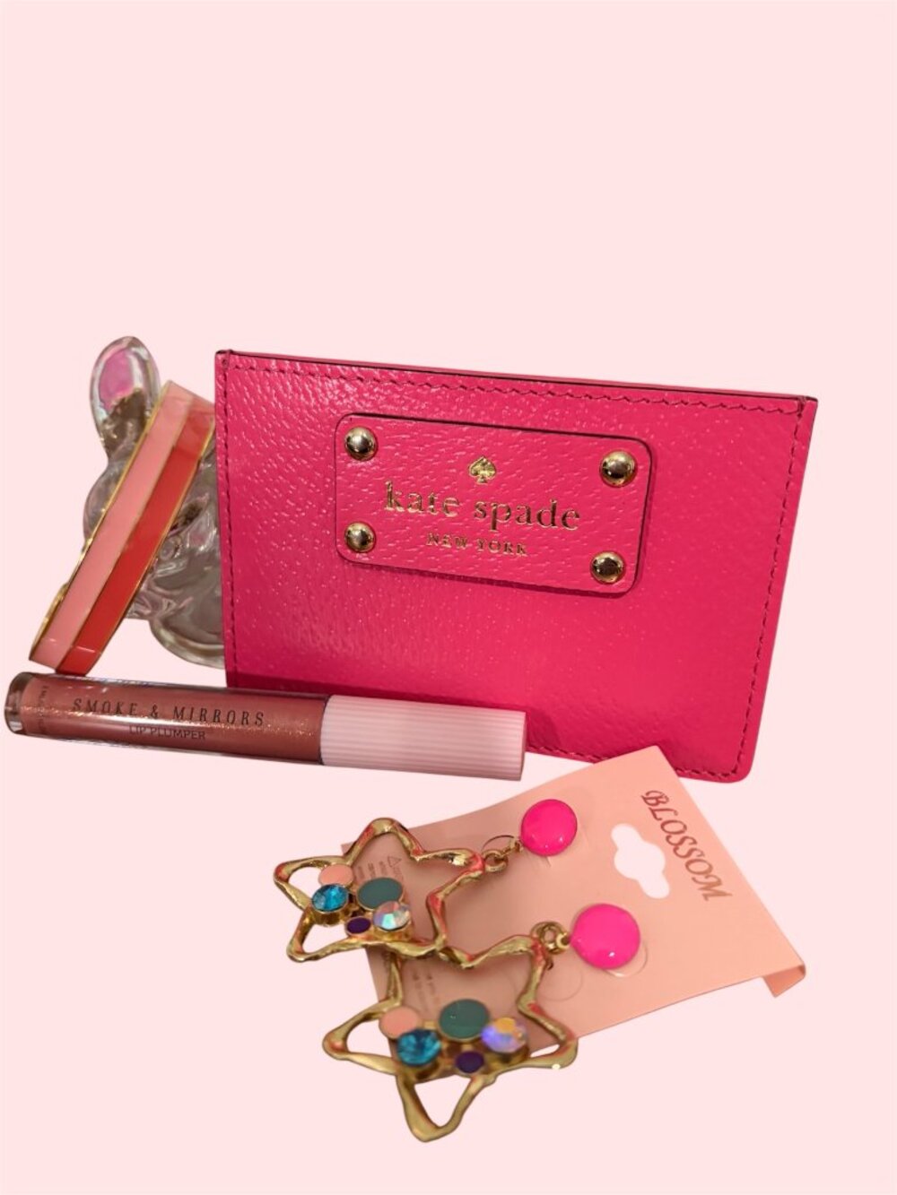 KATE SPADE PINK CARDHOLDER NWOT WITH BRACELET EARRINGS AND LIPPY